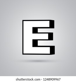 White 3D vector letter E uppercase with black border. Glossy font with light reflection and shadow isolated on white background