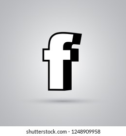 White 3D vector letter F lowercase with black border. Glossy font with light reflection and shadow isolated on white background
