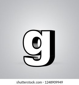 White 3D vector letter G lowercase with black border. Glossy font with light reflection and shadow isolated on white background