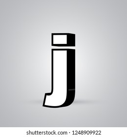 White 3D vector letter J lowercase with black border. Glossy font with light reflection and shadow isolated on white background