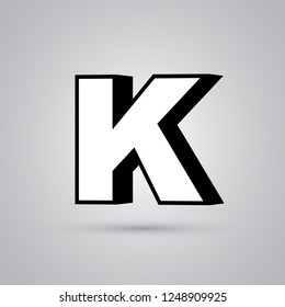 White 3D vector letter K uppercase with black border. Glossy font with light reflection and shadow isolated on white background
