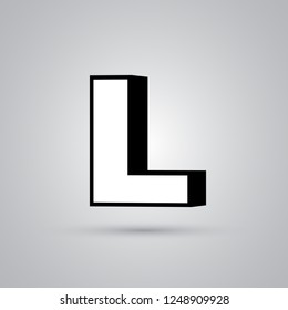 White 3D vector letter L uppercase with black border. Glossy font with light reflection and shadow isolated on white background