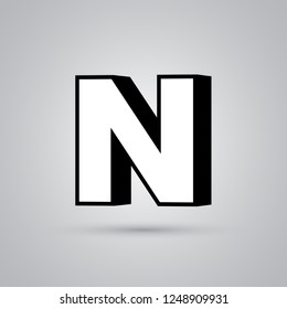 White 3D vector letter N uppercase with black border. Glossy font with light reflection and shadow isolated on white background