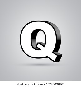 White 3D vector letter Q uppercase with black border. Glossy font with light reflection and shadow isolated on white background