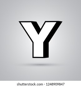 White 3D vector letter Y uppercase with black border. Glossy font with light reflection and shadow isolated on white background