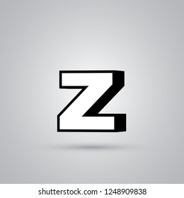 White 3D vector letter Z lowercase with black border. Glossy font with light reflection and shadow isolated on white background