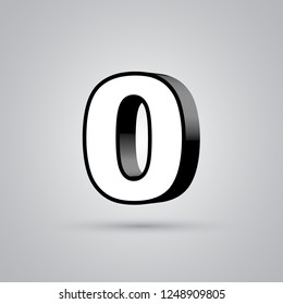 White 3D vector number 0 with black border. Glossy font with light reflection and shadow isolated on white background