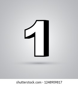 White 3D vector number 1 with black border. Glossy font with light reflection and shadow isolated on white background