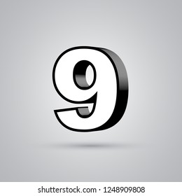 White 3D vector number 9 with black border. Glossy font with light reflection and shadow isolated on white background
