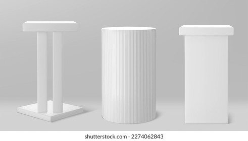 White 3d vector pillar podium. Cylinder and square column platform for product presentation. Realistic empty display stage in museum for presentation. Showroom mockup exposition with light and shadow.