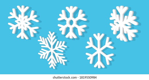 El copo de nieve vectorial blanco 3D estableció un adorno de vacaciones realista. Aislado sobre fondo azul. Icono de copo de nieve vector 3d con. Se puede usar tarjeta de felicitación de navidad.  Elemento de decoración de Año Nuevo o Navidad.