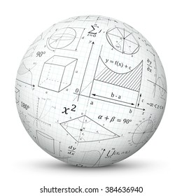 White 3D Vector Sphere with Graph Paper Texture and Mathematical Symbols - Math Cheat Slip.
Formula Symbol for Education, Science and School Design. Isolated Ball with Smooth Shadow.