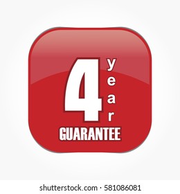 white 4 years guarantee logo on glossy red square with round corner with lighting and shadow effect