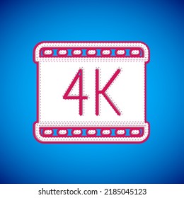 White 4k movie, tape, frame icon isolated on blue background.  Vector