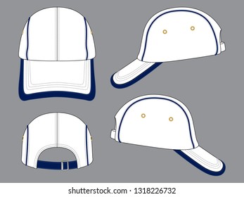 White 4-Panel Baseball Cap With Navy Piping, Binding Trim Visor, Adjustable Metal Buckle Closure Design on Gray Background, Vector File.