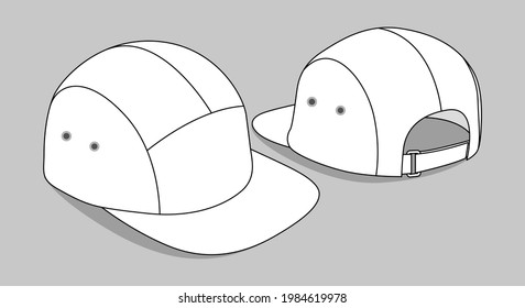 White 5 Panels Cap With Flat Brim Cap Template On Gray Background, Perspective View.