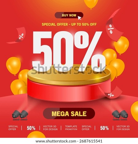 white 50% number place on gold-red circular podium, surrounded by yellow balloons and percent signs floating around in the air, all place on red background, promotion template for advertising design
