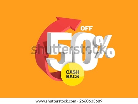 White 50% off number and yellow circle cash back promotion sign or tag label placed in front of red arrow for promotional advertising banner design, vector 3D isolated on orange background for design