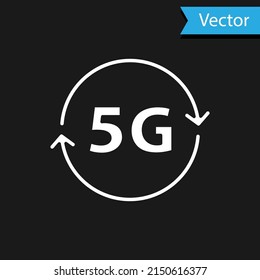 Weißes 5G neues drahtloses Internet-WLAN-Verbindungssymbol einzeln auf schwarzem Hintergrund. Globale Netzwerk-Hochgeschwindigkeits-Datenübertragungsdatentechnologie. Vektorgrafik