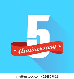 white 5th anniversary logo vector with red ribbon and shadow effect all in bright blue square flat design