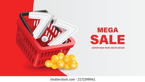 White 7.7 Place Text In A Red Shopping Cart With A Yellow Balloon In Front Of It For Promotion MEGA SALE Day Seven Month Seven,vector 3d Isolated On White Background For Shopping Ad Design