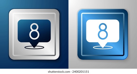 Icono blanco del 8 de marzo aislado en fondo azul y gris. Día Internacional de la Mujer Feliz. Botón cuadrado plateado y azul. Vector