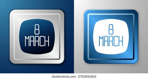 Icono blanco del 8 de marzo aislado en fondo azul y gris. Día Internacional de la Mujer Feliz. Botón cuadrado plateado y azul. Vector