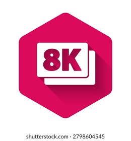 White 8k Ultra HD icon isolated with long shadow. Pink hexagon button. Vector