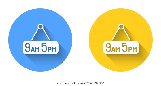 White From 9 to 5 job icon isolated with long shadow background. Concept meaning work time schedule daily routine classic traditional employment. Circle button. Vector