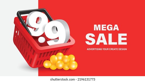 White 9.9 Place Text In A Red Shopping Cart With A Yellow Balloons In Front Of It For Promotion MEGA SALE Day Seven Month Seven,vector 3d Isolated On White Background For Shopping Ad Design