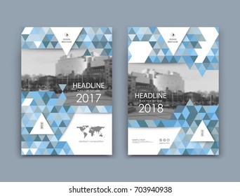 White a4 brochure cover design. Fancy info banner mockup. Title sheet model set. Modern vector front page art. Urban city house texture folder style. Blue triangle frame, logo icon. Ad flyer text font