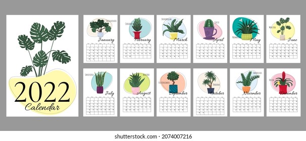 White A4 vertical calendar 2022 with trendy hand draw home plants and color spots. Cover and 12 monthly pages. Week starts on Sunday, A3 A2 A6 formats.