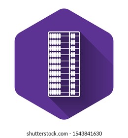 White Abacus icon isolated with long shadow. Traditional counting frame. Education sign. Mathematics school. Purple hexagon button. Vector Illustration