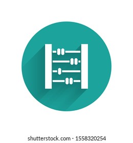 White Abacus icon isolated with long shadow. Traditional counting frame. Education sign. Mathematics school. Green circle button. Vector Illustration