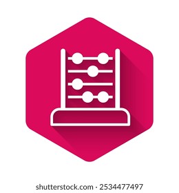 White Abacus icon isolated with long shadow background. Traditional counting frame. Education sign. Mathematics school. Pink hexagon button. Vector