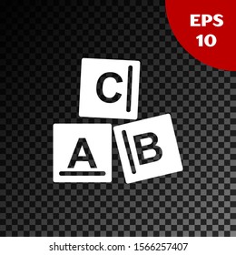 White ABC blocks icon isolated on transparent dark background. Alphabet cubes with letters A,B,C.  Vector Illustration