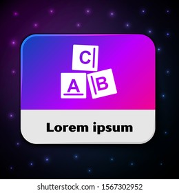 White ABC blocks icon isolated on black background. Alphabet cubes with letters A,B,C. Rectangle color button. Vector Illustration