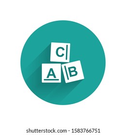 White ABC blocks icon isolated with long shadow. Alphabet cubes with letters A,B,C. Green circle button. Vector Illustration