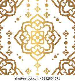 White abd gold seamless pattern with mandala ornament. Traditional Arabic, Indian motifs. Great for fabric and textile, wallpaper, packaging or any desired idea.