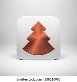 White abstract app icon, button template with Christmas tree sign, bronze metal texture (steel, chrome, copper), realistic shadow and light background for user interfaces, UI, applications, apps.