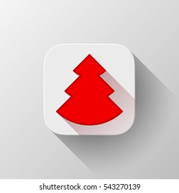 White abstract app icon, button template with red Christmas tree sign, flat designed shadow and gradient background for web sites, user interfaces and applications, apps. Vector illustration.