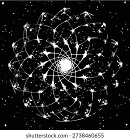 White abstract atomic particle model with orbiting electrons on black background.eps
