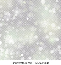 White abstract background with bokeh light, glitter lights or sparkles. Design - template. Vector heavy snowfall, snowflakes in different shapes and forms.