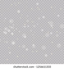 White abstract background with bokeh light, glitter lights or sparkles. Design - template. Vector heavy snowfall, snowflakes in different shapes and forms.