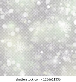 White abstract background with bokeh light, glitter lights or sparkles. Design - template. Vector heavy snowfall, snowflakes in different shapes and forms.