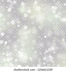 White abstract background with bokeh light, glitter lights or sparkles. Design - template. Vector heavy snowfall, snowflakes in different shapes and forms.