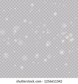 White abstract background with bokeh light, glitter lights or sparkles. Design - template. Vector heavy snowfall, snowflakes in different shapes and forms.