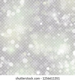 White abstract background with bokeh light, glitter lights or sparkles. Design - template. Vector heavy snowfall, snowflakes in different shapes and forms.