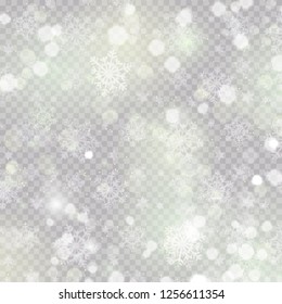 White abstract background with bokeh light, glitter lights or sparkles. Design - template. Vector heavy snowfall, snowflakes in different shapes and forms.