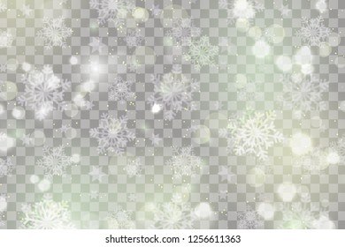 White abstract background with bokeh light, glitter lights or sparkles. Design - template. Vector heavy snowfall, snowflakes in different shapes and forms.